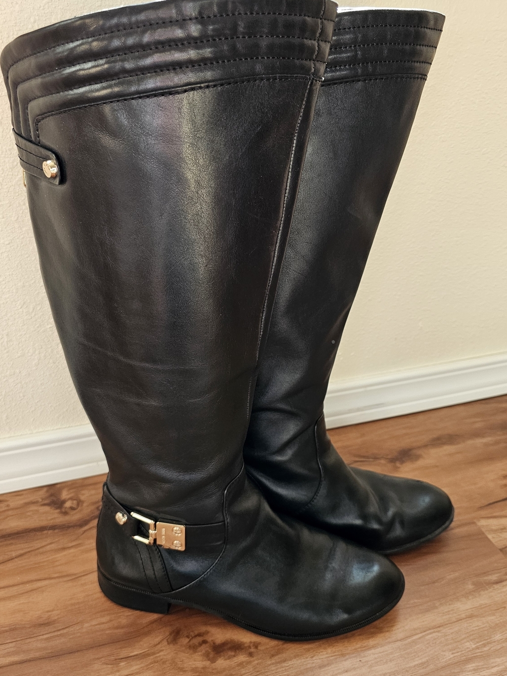 Anne Klein Black Tall Leather Riding Boots with Silver Accents